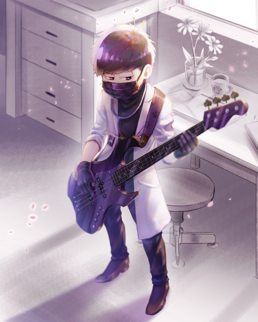 bass_guitar black_gloves black_pants brown_footwear brown_hair cup desk drawer flower gloves highres indoors instrument kokorin male_focus mask matsuno_ichimatsu mug osomatsu-san pants papers paw_print_pattern skull_print standing stethoscope stool