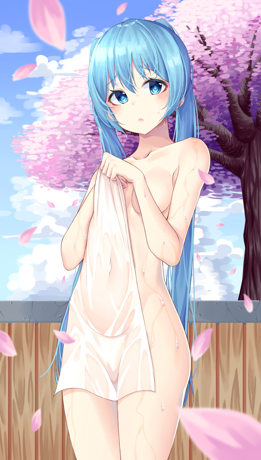 absurdres aqua_eyes aqua_hair bangs breasts cherry_blossoms collarbone convenient_arm covered_navel covering cowboy_shot hatsune_miku highres holding holding_towel inhoya2000 long_hair nude_cover onsen outdoors petals sky small_breasts solo towel twintails very_long_hair vocaloid wet wet_towel white_towel