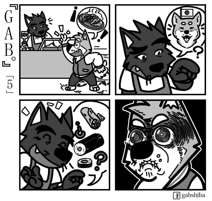 ! 5_fingers ? angry anthro apron barefoot canine cheek_tuft clothed clothing comic cute_fangs dog drooling duo emanata eyebrows eyes_closed food fully_clothed gab_shiba gabshiba greyscale grimace head_tuft jacket japanese_flag male mammal monochrome motion_lines open_mouth open_smile pants pictographics pointing saliva shiba_inu smile standing sushi tacos tuft whiskers