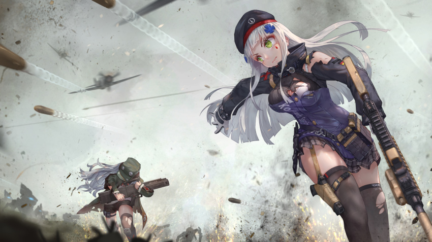 aircraft airplane assault_rifle bangs battle blunt_bangs bullet bullet_trail commentary dust explosion g11 g11_(girls_frontline) girls_frontline gloves green_eyes gun hat heckler_&amp;_koch highres hk416 hk416_(girls_frontline) holding holding_gun holding_weapon holster jacket jay_xu multiple_girls pleated_skirt rifle robot silver_hair skirt straight_hair tearing_up thigh_holster thigh_strap thighhighs thighs torn_clothes weapon zettai_ryouiki