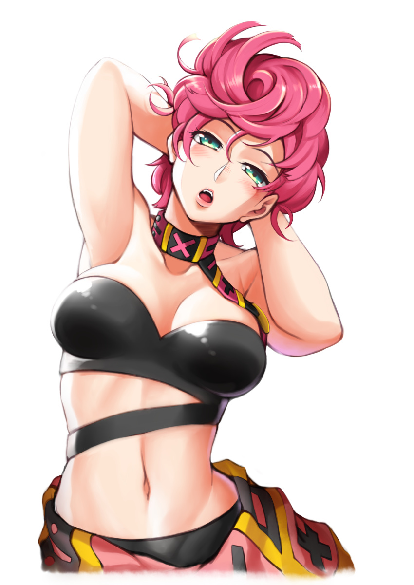 absurdres armpits arms_behind_head arms_up breasts cleavage commentary_request green_eyes head_tilt highres jojo_no_kimyou_na_bouken light_blush medium_breasts navel open_mouth pink_hair short_hair simple_background stomach strapless trish_una vento_aureo white_background yaobin_yang