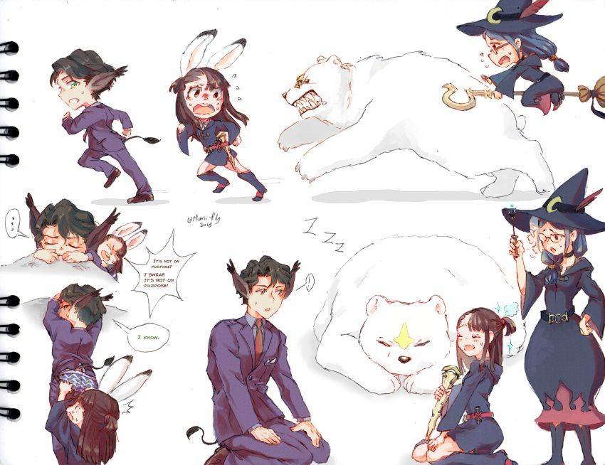 2girls :o absurdres andrew_hanbridge animal_ears bear blue_hair blue_skirt broom broom_riding brown_eyes brown_footwear brown_hair bunny_ears closed_eyes english green_eyes hat hat_feather highres kagari_atsuko little_witch_academia long_hair marii_pily multiple_girls multiple_views pants_pull school_uniform shiny_rod sitting skirt speech_bubble tail teeth underwear ursula_charistes witch_hat