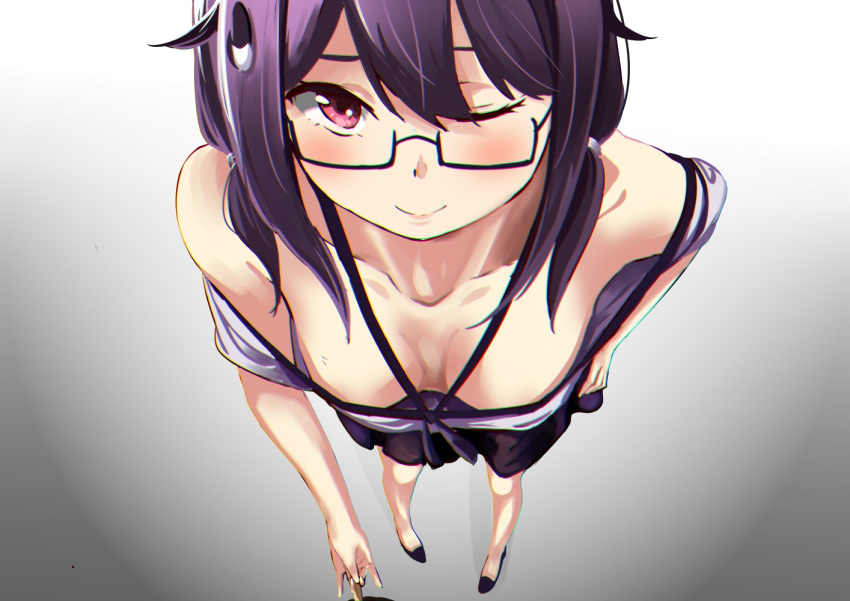 1girl ;) bare_shoulders blush breasts cleavage collarbone commentary_request from_above hair_flaps high_heels kantai_collection large_breasts looking_at_viewer low_twintails one_eye_closed purple_hair red_eyes semi-rimless_eyewear shirt simple_background smile solo taigei_(kantai_collection) twintails vi3r6ein white_background