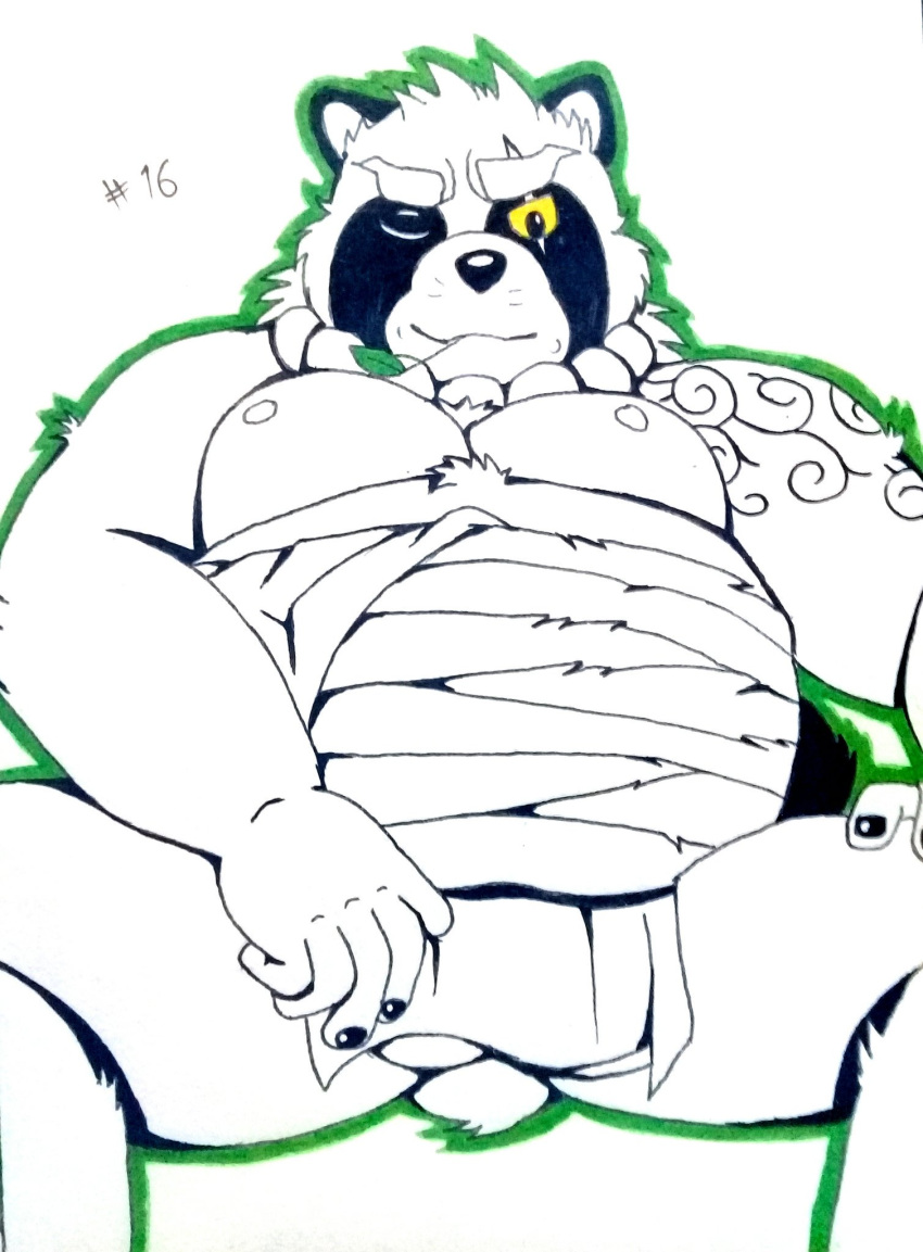 2018 anthro belly brandonthehusky canine clothing fundoshi gyobu humanoid_hands japanese_clothing leaf male mammal moobs nipples overweight overweight_male scar sitting solo tanuki tattoo tokyo_afterschool_summoners underwear