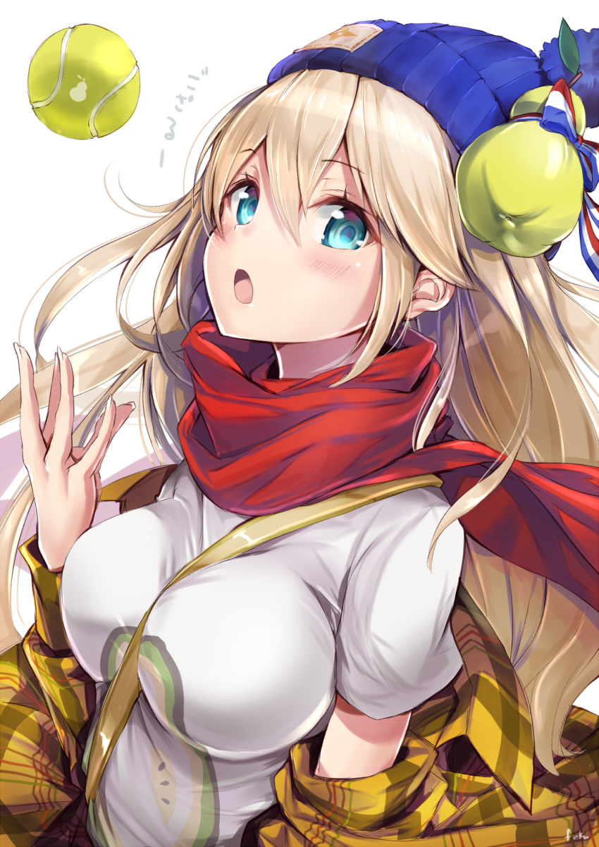 :o ball bangs beanie between_breasts blonde_hair blue_eyes blue_hat blush breasts commentary_request eyebrows_visible_through_hair fingernails food fran_(shironeko_project) fruit fuku_kitsune_(fuku_fox) hair_between_eyes hat highres large_breasts long_fingernails long_hair looking_at_viewer open_clothes open_mouth pear plaid red_scarf scarf shironeko_project shirt short_sleeves sidelocks signature simple_background solo strap_cleavage tennis_ball tossing translation_request upper_body white_background white_shirt