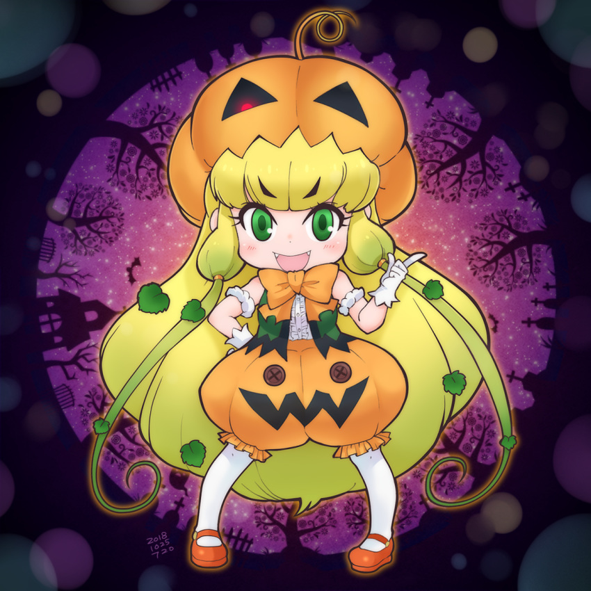 :d arm_scrunchie bare_shoulders blonde_hair bow bowtie button_eyes center_frills chibi commentary dated eyebrows_visible_through_hair fangs gloves green_eyes green_hair hakkatou halloween hand_on_hip highres index_finger_raised jack-o'-lantern_(kemono_friends) kemono_friends leaf long_hair looking_at_viewer low_twintails open_mouth orange_footwear orange_pants pantyhose plant puffy_pants pumpkin_hat red_neckwear scrunchie shirt shoes smile solo twintails v-shaped_eyebrows very_long_hair white_gloves white_legwear white_scrunchie white_shirt