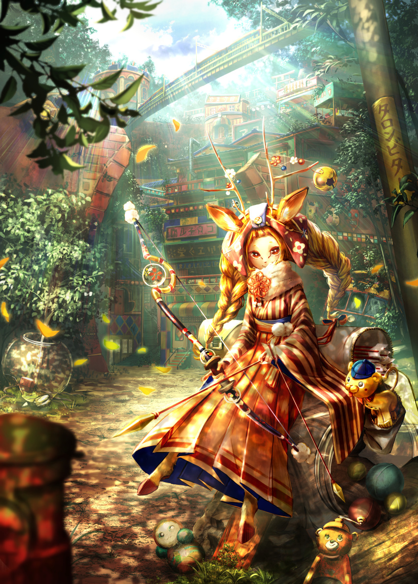 absurdres animal_ears antlers arrow awning blue_sky bow_(weapon) braid brown_hair building dappled_sunlight day deer_ears deer_girl doll fantasy forest hakama highres hooves huge_filesize japanese_clothes kokorin long_hair looking_at_viewer nature original outdoors quiver red_eyes sitting sky solo stairs sunlight tree twin_braids weapon white_sleeves