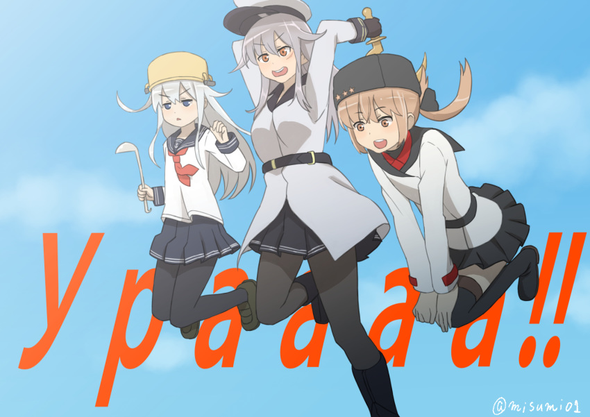 :d black_gloves black_legwear blue_sky brown_eyes brown_hair cloud cloudy_sky commentary_request cyrillic day gangut_(kantai_collection) gloves hat hat_removed headwear_removed hibiki_(kantai_collection) holding jumping kantai_collection kirara_jump ladle long_hair looking_away misumi_(niku-kyu) multiple_girls open_mouth pantyhose peaked_cap pleated_skirt pot pot_on_head school_uniform serafuku sickle silver_hair simple_background skirt sky smile tashkent_(kantai_collection) thighhighs translated zettai_ryouiki