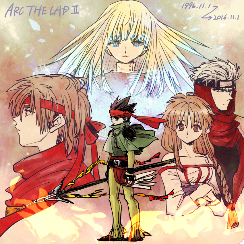 3boys :d arc_(arc_the_lad) arc_the_lad arc_the_lad_ii bare_shoulders black_hair blonde_hair breasts brown_eyes brown_hair cleavage collarbone commentary_request dated directional_arrow dress elc_(arc_the_lad) fantasy gloves highres lieza long_hair looking_at_viewer meril multiple_boys multiple_girls off_shoulder open_mouth shu_(arc_the_lad) smile teeth upper_body yadoso