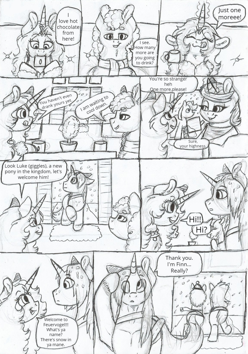 69bea beverage black_and_white comic equine fan_character female feral finn_(69bea) fluffy friendship_is_magic horn horse hot_chocolate jessie luke_(69bea) magic male mammal monochrome my_little_pony pegasus snow snowing tongue tongue_out unicorn winged_unicorn wings