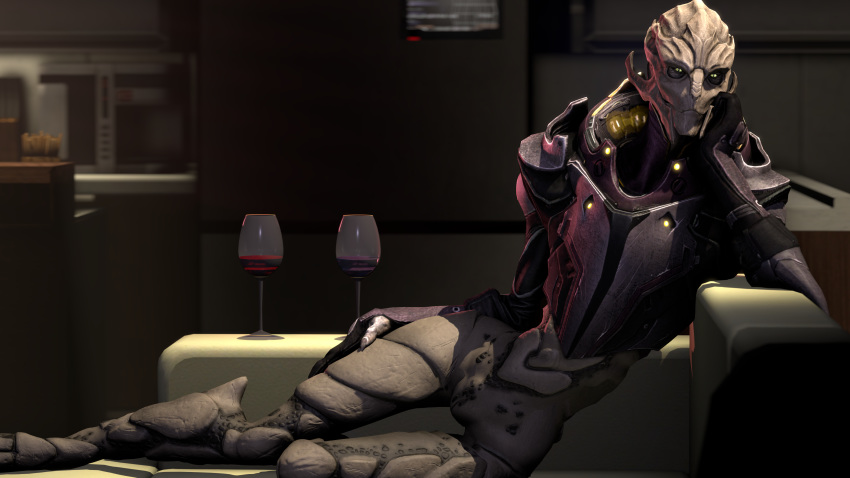 3d_(artwork) alcohol alien arm_support armor bar beverage bottomless clothed clothing digital_media_(artwork) female hand_on_thigh leaning_on_elbow looking_at_viewer lying mass_effect on_couch on_side partially_clothed pussy seductive solo source_filmmaker turian video_games voui wine wine_glass