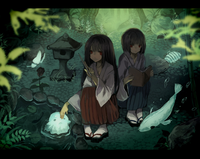 1girl aihara_fuu bamboo black_hair blurry book breasts bubble bug butterfly calligraphy_brush cleavage commentary creature dark depth_of_field fish flower forest glowing glowing_butterfly grass green hakama highres index_finger_raised insect japanese_clothes letterboxed long_hair looking_at_another magic nature open_mouth original outdoors paintbrush pigeon-toed pond red_eyes ripples short_hair silhouette sitting stone_lantern tabi tree water zouri