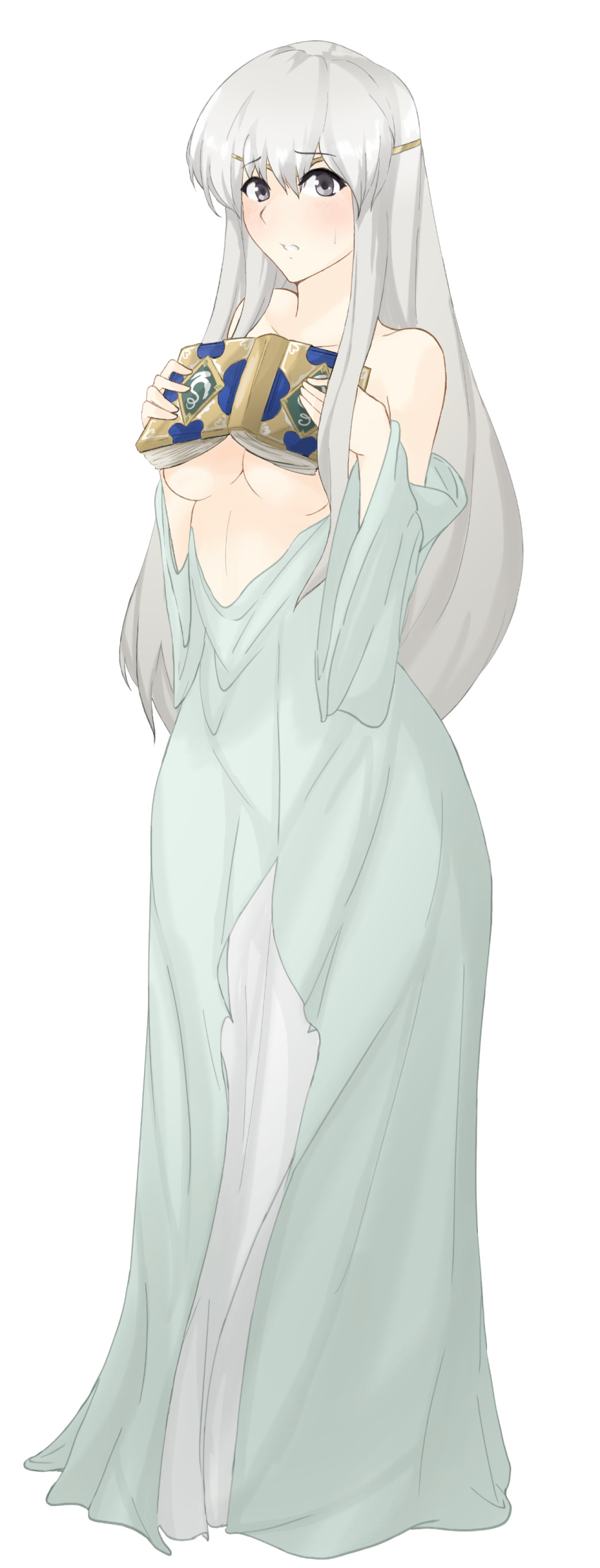 1girl absurdres bare_shoulders blush book breasts censored clothing covering covering_breasts dress embarrassed female fire_emblem fire_emblem:_seisen_no_keifu full_body gray_eyes gray_hair grey_eyes grey_hair hands highres holding holding_book holding_object long_hair looking_at_viewer loose_clothes medium_breasts navel nervous nintendo shy silver_hair solo solo_focus sweatdrop topless transparent_background tridisart underboob yuria_(fire_emblem)