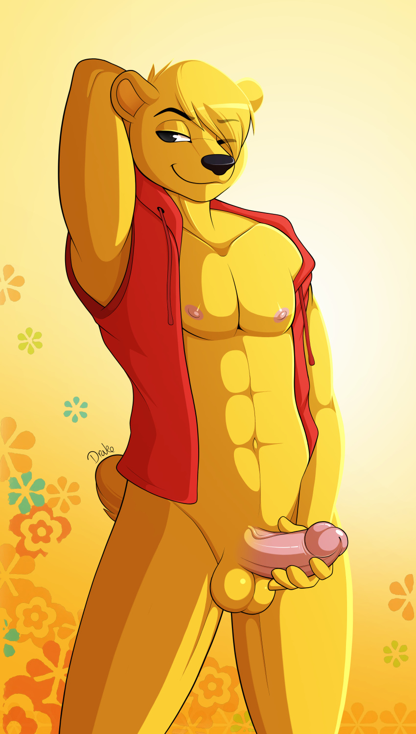 2018 abs absurd_res anthro balls bear bottomless clothed clothing digital_media_(artwork) disney drako1997 erection hand_behind_head hi_res humanoid_penis male mammal nipples one_eye_closed penis pooh_bear solo winnie_the_pooh_(franchise)