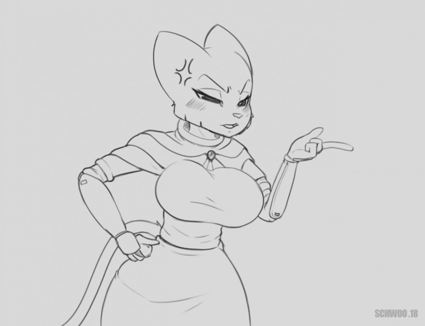 2018 4_fingers anger_vein angry anthro big_breasts blush breasts clothed clothing feline female grey_background hand_on_hip katia_managan khajiit mammal prequel schwoo simple_background sketch the_elder_scrolls video_games