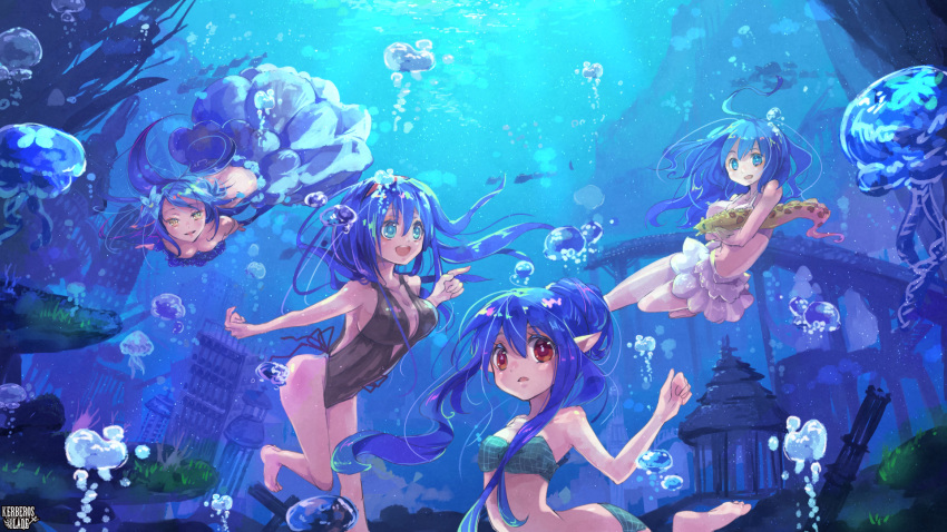 4girls :d air_bubble ashgray barefoot blue_eyes blue_hair breasts brown_eyes bubble cityscape copyright_name eel fish flower hair_flower hair_ornament highres jellyfish kerberos_blade long_hair medium_breasts multiple_girls ocean official_art open_mouth pointy_ears red_eyes skirt small_breasts smile swimsuit underwater white_skirt