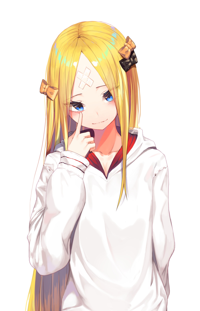 abigail_williams_(fate/grand_order) absurdres akanbe bad_revision bangs black_bow blonde_hair blue_eyes blush bow closed_mouth collarbone commentary_request crossed_bandaids downscaled_revision fate/grand_order fate_(series) hair_bow head_tilt highres hood hood_down hooded_jacket jacket long_hair long_sleeves looking_at_viewer md5_mismatch orange_bow parted_bangs polka_dot polka_dot_bow simple_background smile solo sugar_(dndi888) tongue tongue_out upper_body very_long_hair white_background white_jacket