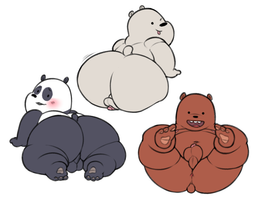 anus backsack balls bear big_balls big_butt blush butt cartoon_network eccentricspider fur grizzly_(wbb) grizzly_bear ice_bear looking_at_viewer male mammal one_eye_closed overweight overweight_male panda panda_(wbb) penis polar_bear presenting simple_background tongue tongue_out we_bare_bears wink