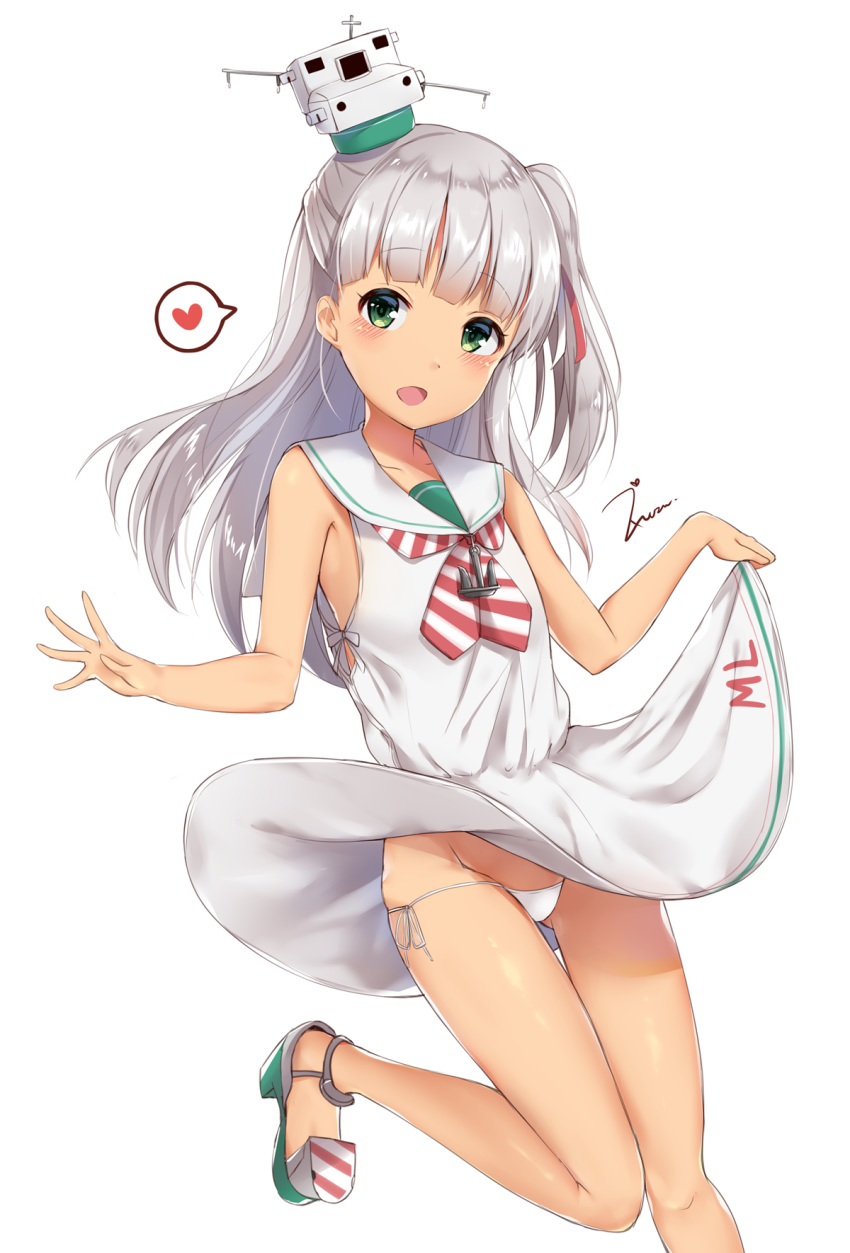 :d anchor_necklace ass_visible_through_thighs blush dress eyebrows_visible_through_hair green_eyes hair_ornament hair_ribbon heart highres kantai_collection long_hair looking_at_viewer maestrale_(kantai_collection) one_side_up open_mouth panties ribbon sailor_collar sailor_dress shoes silver_hair sleeveless sleeveless_dress smile solo underwear white_dress white_panties zhi_zhi/zu_zu
