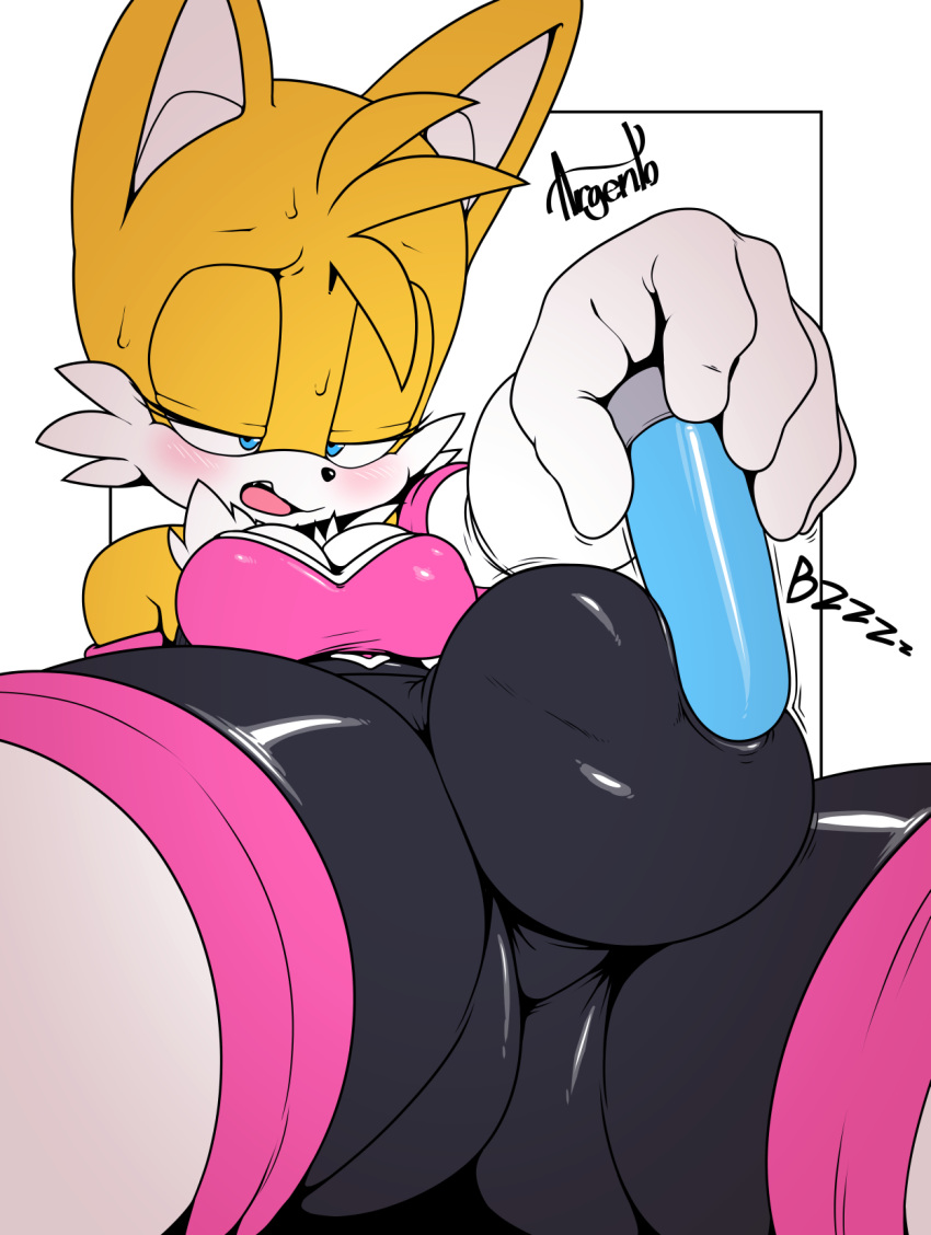 2018 anthro argento blue_eyes blush breasts bulge canine clothed clothing crossgender dickgirl digital_media_(artwork) eyelashes fox hi_res intersex mammal miles_prower rouge_the_bat sex_toy solo sonic_(series) vibrator