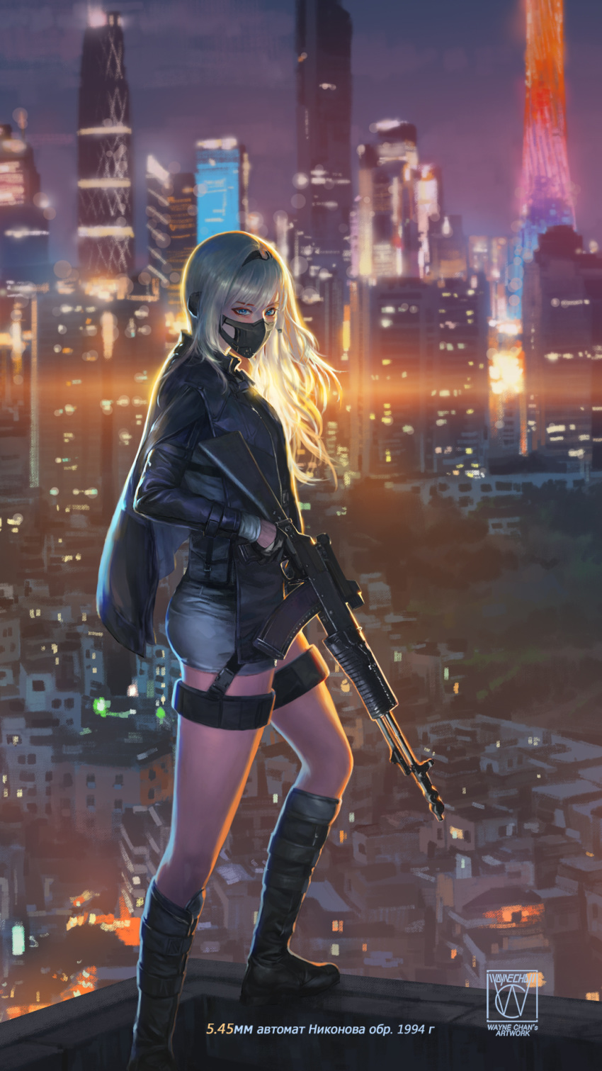 1girl an-94 an-94_(girls_frontline) assault_rifle bangs blonde_hair blue_eyes boots breasts city_lights cityscape cloak eyebrows_visible_through_hair gas_mask girls_frontline gloves gun hairband headset highres holding holding_gun holding_weapon jacket knee_boots long_hair long_sleeves looking_at_viewer medium_breasts night rifle rooftop scenery shorts sidelocks signature silver_hair solo standing thigh_strap wayne_chan weapon