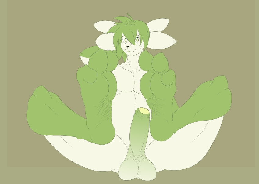 3_toes anthro balls barefoot erection feet foot_focus green_eyes hair legendary_pok&eacute;mon male nintendo penis pok&eacute;mon pok&eacute;mon_(species) shaymin shaymin_(sky_form) simple_background toes video_games xdarkspace