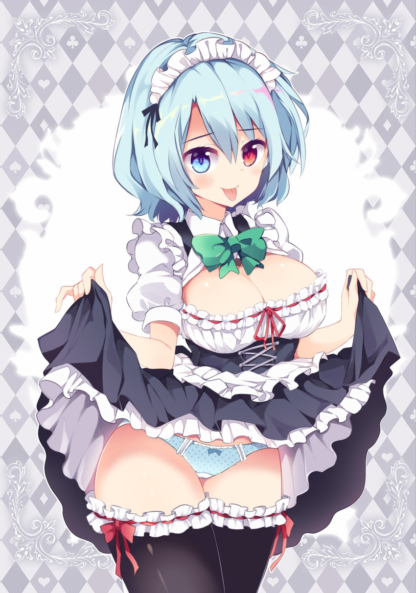 1girl alternate_costume argyle argyle_background bangs black_legwear black_skirt blue_eyes blue_hair blue_panties bow bowtie breasts cleavage cowboy_shot enmaided eyebrows_visible_through_hair frilled_skirt frills green_neckwear grey_background hair_between_eyes heterochromia highres large_breasts leg_garter lifted_by_self looking_at_viewer maid maid_headdress maturiuta_sorato panties polka_dot polka_dot_panties puffy_short_sleeves puffy_sleeves red_eyes red_ribbon ribbon short_hair short_sleeves skirt skirt_lift smile solo tatara_kogasa thighhighs tongue tongue_out touhou underwear wing_collar