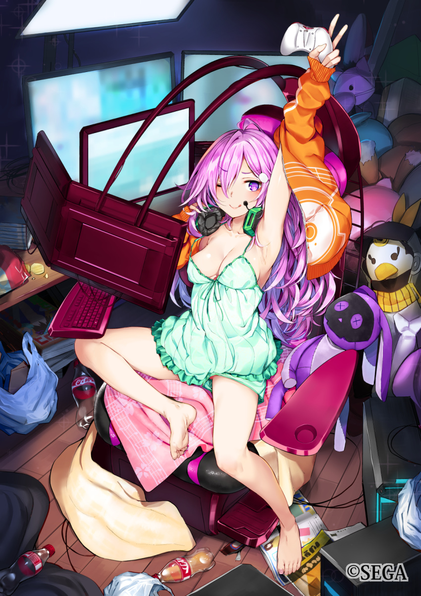 ;p ahoge akagi_asahito animal_ears aqua_dress aqua_shorts areola_slip areolae arm_up armpits bag barefoot blurry bottle breasts bunny bunny_ears chips chunithm cleavage coca-cola collarbone commentary_request computer controller dress eyebrows_visible_through_hair feet food game_controller hair_ornament hairclip headphones headset highres indoors jacket keyboard_(computer) long_hair long_sleeves looking_at_viewer magazine medium_breasts messy_room no_bra one_eye_closed orange_jacket otaku otaku_room pink_hair plastic_bag potato_chips purple_eyes screen shorts sideboob sitting smile strap_slip stuffed_toy tongue tongue_out towel v very_long_hair wire wooden_floor x_x