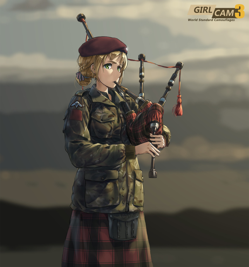 beret blonde_hair blurry braid british_army camouflage cloud cloudy_sky depth_of_field french_braid hair_bun hair_ribbon hat highres instrument kilt military military_uniform music original paratrooper playing_instrument ribbon scotland short_hair sky soldier sunlight tantu_(tc1995) uniform