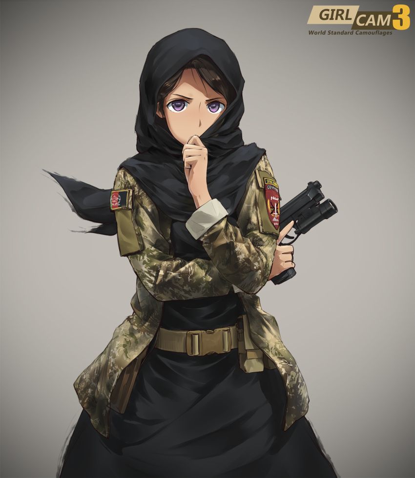 abaya afghan_flag afghanistan belt beretta_92 black_hair camouflage copyright_name covering_mouth flashlight gun hand_over_own_mouth handgun highres hijab looking_at_viewer magazine_(weapon) military military_uniform original patch pistol pouch purple_eyes serious simple_background sleeves_rolled_up soldier tantu_(tc1995) trigger_discipline uniform weapon wind