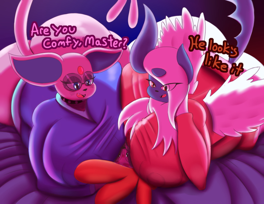 anthro bed belly big_breasts big_butt blue_eyes brambles_(chowdie) breast_smother breasts butt chowdie clothing dialogue eeveelution english_text espeon eyebrows eyewear feline female forehead_jewel forked_tail glasses group hair huge_breasts huge_butt legendary_pok&eacute;mon male mammal master mega_absol mega_evolution nintendo nipple_bulge obese orange_eyes orange_hair overweight overweight_female pet pok&eacute;mon pok&eacute;mon_(species) shaymin shaymin_(sky_form) small_head smile smothering text video_games wide_hips wings
