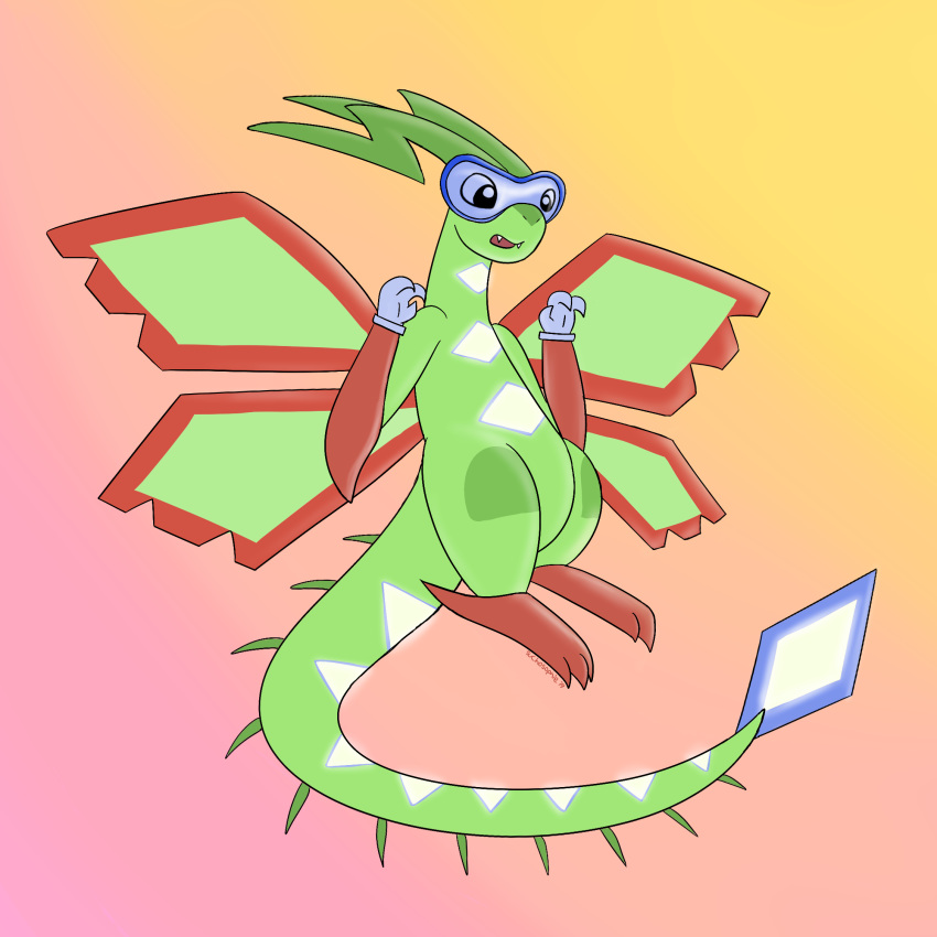 antennae claws clothing crocodilianbooty dragon eyewear flygon flying gloves goggles insect_wings nintendo pok&eacute;mon pok&eacute;mon_(species) scales scalie simple_background solo spikes teeth toes video_games wings