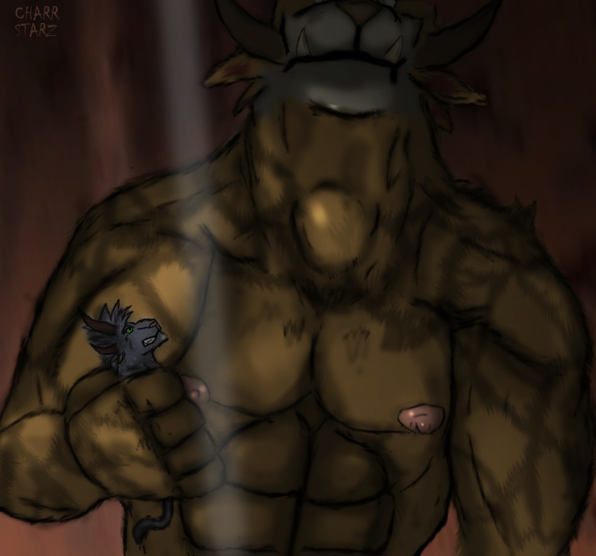 bulge bulging_(disambiguation) charr charr_starz fangs feline group guild_wars horn imminent_vore macro male mammal micro muscular scarr throat video_games vore