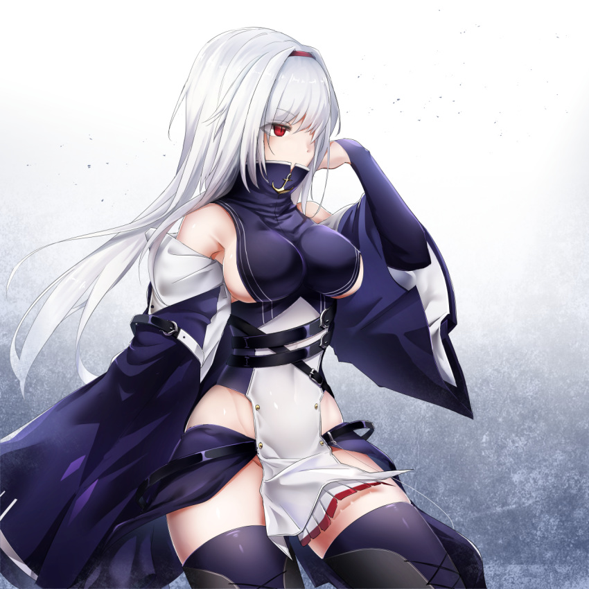azur_lane breasts chysk_hm colorado_(azur_lane) commentary detached_sleeves eyebrows_visible_through_hair hairband high_collar highres long_hair red_eyes sideboob solo thighhighs thighs white_hair wide_sleeves