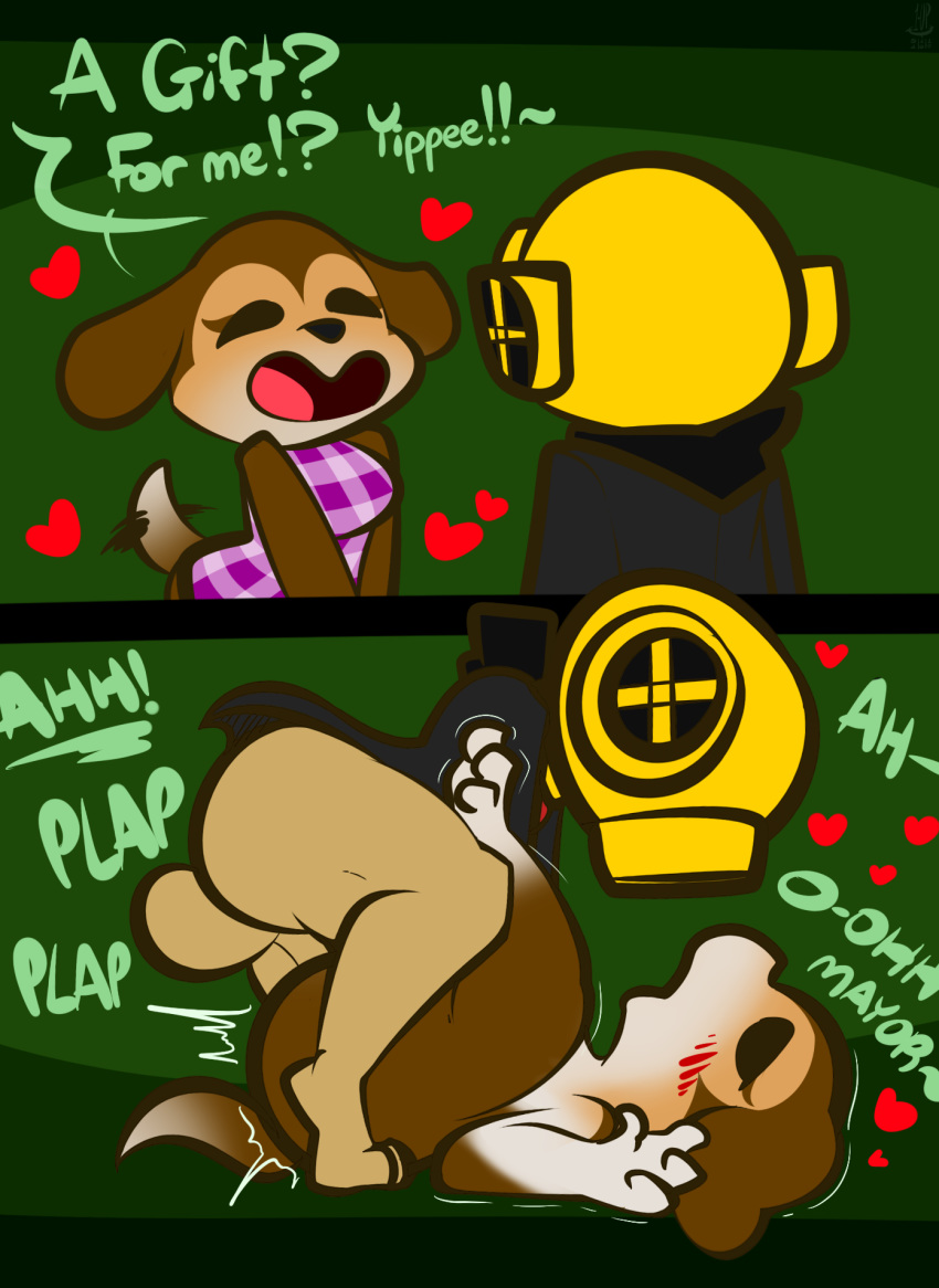 1-upclock animal_crossing anthro balls bottomless brown_fur butt canine clothed clothing comic diving_helmet dog duo erection female fur hi_res human humanoid_penis maddie_(animal_crossing) male male/female mammal mating_press nintendo open_mouth penetration penis sex simple_background smile vaginal vaginal_penetration video_games
