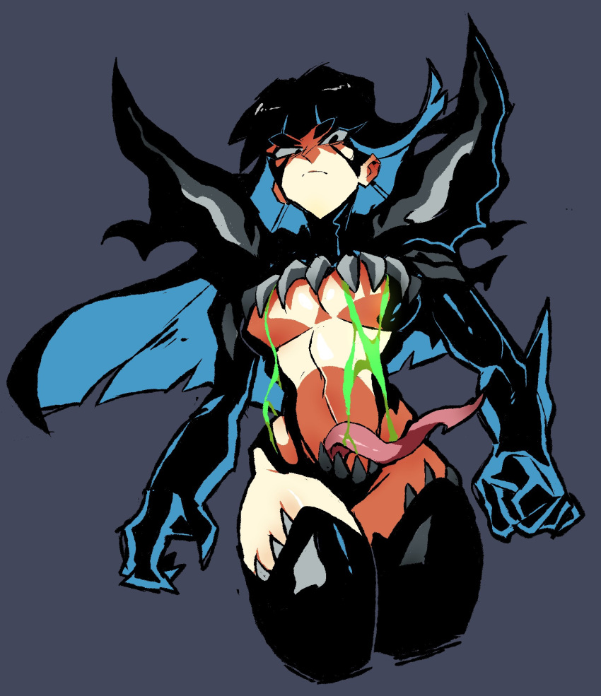 black_eyes black_hair borrowed_design breasts clenched_hand closed_mouth commentary cropped_legs crossover grey_background highres kill_la_kill kiryuuin_satsuki kurdlez large_breasts living_clothes long_hair looking_at_viewer navel revealing_clothes simple_background spider-man_(series) symbiote thighhighs tongue underboob venom_(marvel)
