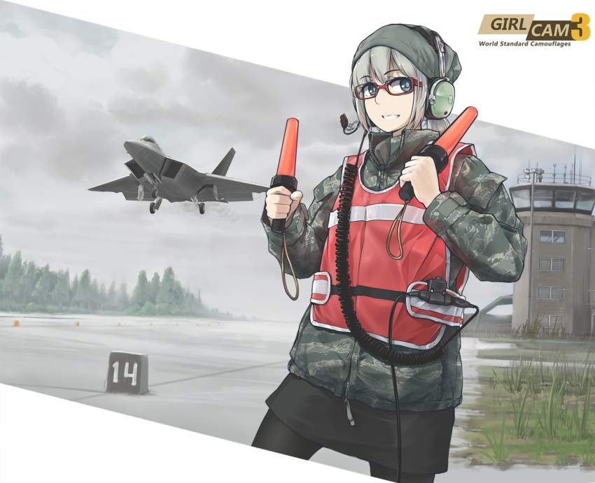 abu_(camo) adapted_uniform aircraft airplane airport baton beanie blue_eyes camouflage cloud cloudy_sky control_tower f-22_raptor fighter_jet glasses grass grin hat headset highres jet long_hair military military_uniform military_vehicle original pantyhose parka ponytail radio runway semi-rimless_eyewear silver_hair skirt sky smile solo tantu_(tc1995) traffic_baton tree under-rim_eyewear uniform us_air_force vest