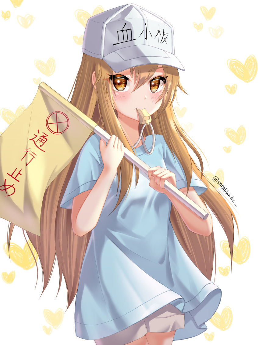 absurdres blonde_hair blue_shirt blush brown_eyes character_name cowboy_shot flag floating_hair grey_shorts hair_between_eyes hat hataraku_saibou highres holding holding_flag long_hair looking_at_viewer platelet_(hataraku_saibou) sarablanche shirt short_shorts short_sleeves shorts solo standing very_long_hair whistle white_hat