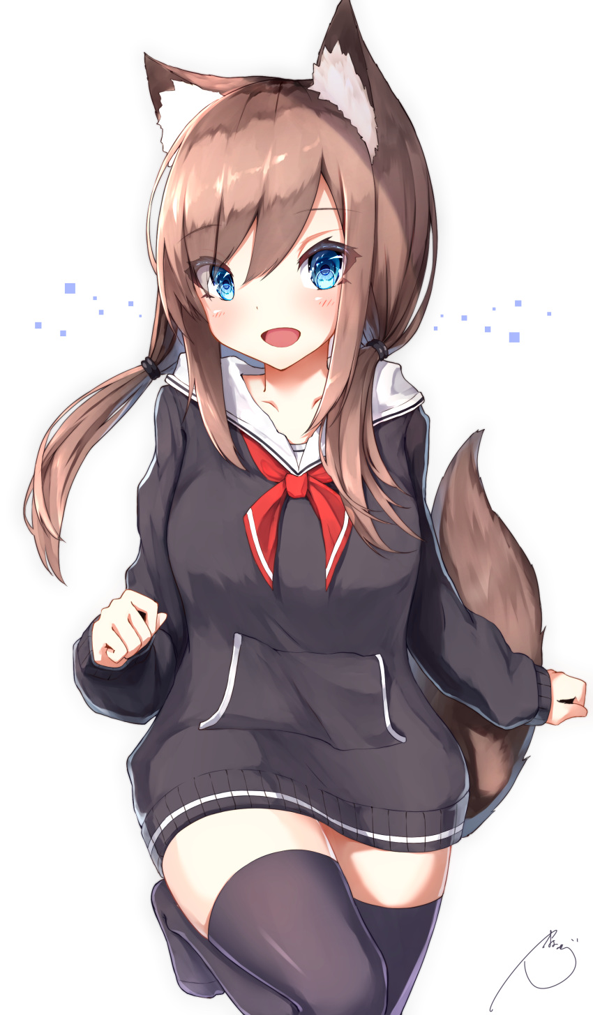 :d absurdres animal_ear_fluff animal_ears bangs black_hoodie black_legwear blue_eyes blush brown_hair collarbone commentary_request eyebrows_visible_through_hair hair_between_eyes hair_over_shoulder highres hood hood_down hoodie long_hair long_sleeves looking_at_viewer low_twintails mayogii neckerchief no_shoes open_mouth original pocket puffy_long_sleeves puffy_sleeves red_neckwear sailor_collar sidelocks signature simple_background sleeves_past_wrists smile solo standing standing_on_one_leg tail tail_raised thighhighs twintails white_background white_sailor_collar