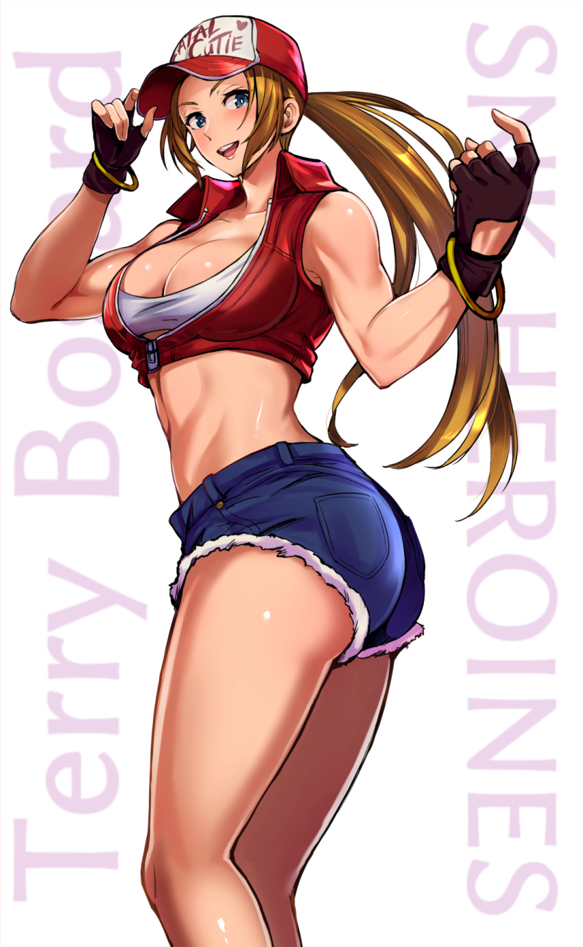 :d ass bandeau bare_shoulders baseball_cap black_gloves blonde_hair blue_eyes blue_shorts bracelet breasts character_name cleavage collared_vest cutoffs denim denim_shorts fatal_fury fingerless_gloves genderswap genderswap_(mtf) gloves hat highres jewelry large_breasts long_hair looking_at_viewer looking_back midriff muscle muscular_female open_clothes open_mouth open_vest ponytail puca-rasu red_vest short_shorts shorts smile snk snk_heroines:_tag_team_frenzy solo terry_bogard the_king_of_fighters thighs very_long_hair vest zipper