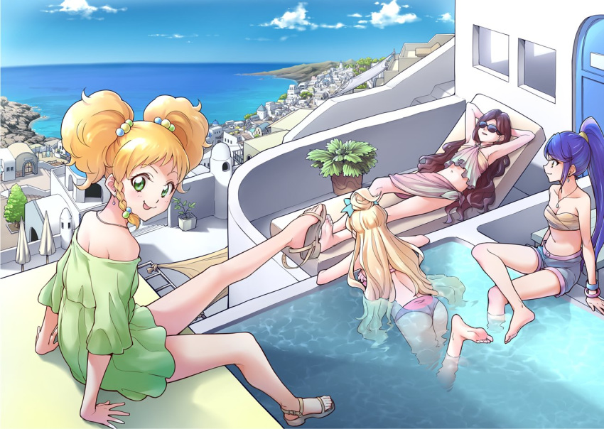 :p afloat aikatsu!_(series) aikatsu_stars! arm_pillow arm_support armpits arms_at_sides arms_behind_head ass bikini bikini_shorts blonde_hair blue_hair blue_sky blush bow bracelet braid breasts brown_hair city cityscape cloud commentary day earrings foot_dangle greece green_eyes hair_bobbles hair_bow hair_ornament halterneck horizon jewelry kasumi_yozora kisaragi_tsubasa long_hair looking_at_viewer looking_away lying multicolored_hair multiple_girls necklace nikaidou_yuzu ocean ogry_ching on_back outdoors outstretched_leg partially_submerged plant plantar_flexion ponytail pool potted_plant purple_hair reclining sandals santorini_(greece) scenery shiratori_hime shorts side_braid single_braid sitting sky smile soaking_feet strapless strapless_bikini summer sunbathing sunglasses swimsuit tongue tongue_out topknot twintails very_long_hair water wavy_hair yellow_eyes