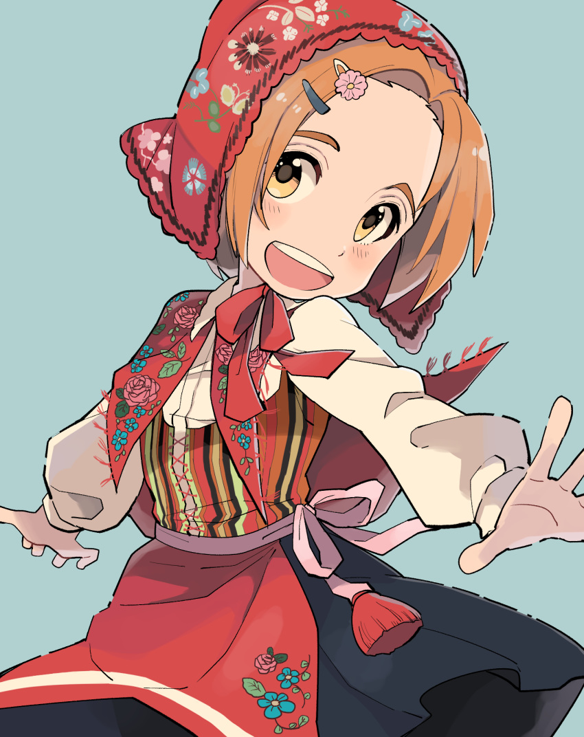 :d ai_nige alternate_costume apron blue_background collared_shirt commentary cross-laced_clothes floral_print flower hair_flower hair_ornament hairclip head_scarf highres idolmaster idolmaster_cinderella_girls kerchief long_sleeves looking_at_viewer open_mouth orange_hair outstretched_arms ryuuzaki_kaoru sash shirt short_hair simple_background skirt smile solo thick_eyebrows traditional_clothes upper_body upper_teeth yellow_eyes
