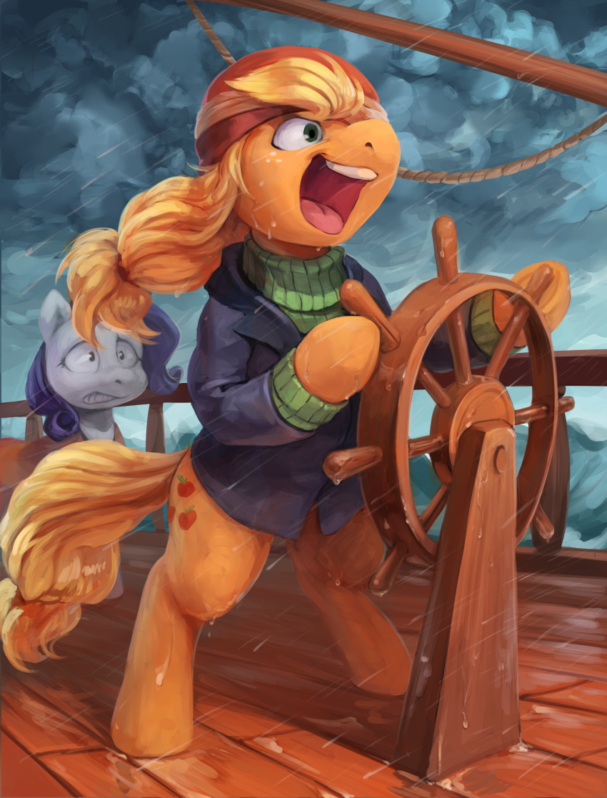 applejack_(mlp) audrarius blonde_hair blonde_mane blue_hair blue_mane bottomless clothed clothing cutie_mark determined duo earth_pony equine female friendship_is_magic fur green_eyes hair hat hi_res horse mammal mane my_little_pony open_mouth orange_fur pink_tongue pony quadruped rarity_(mlp) ship shirt solo_focus teeth tongue vehicle white_fur wide_eyed