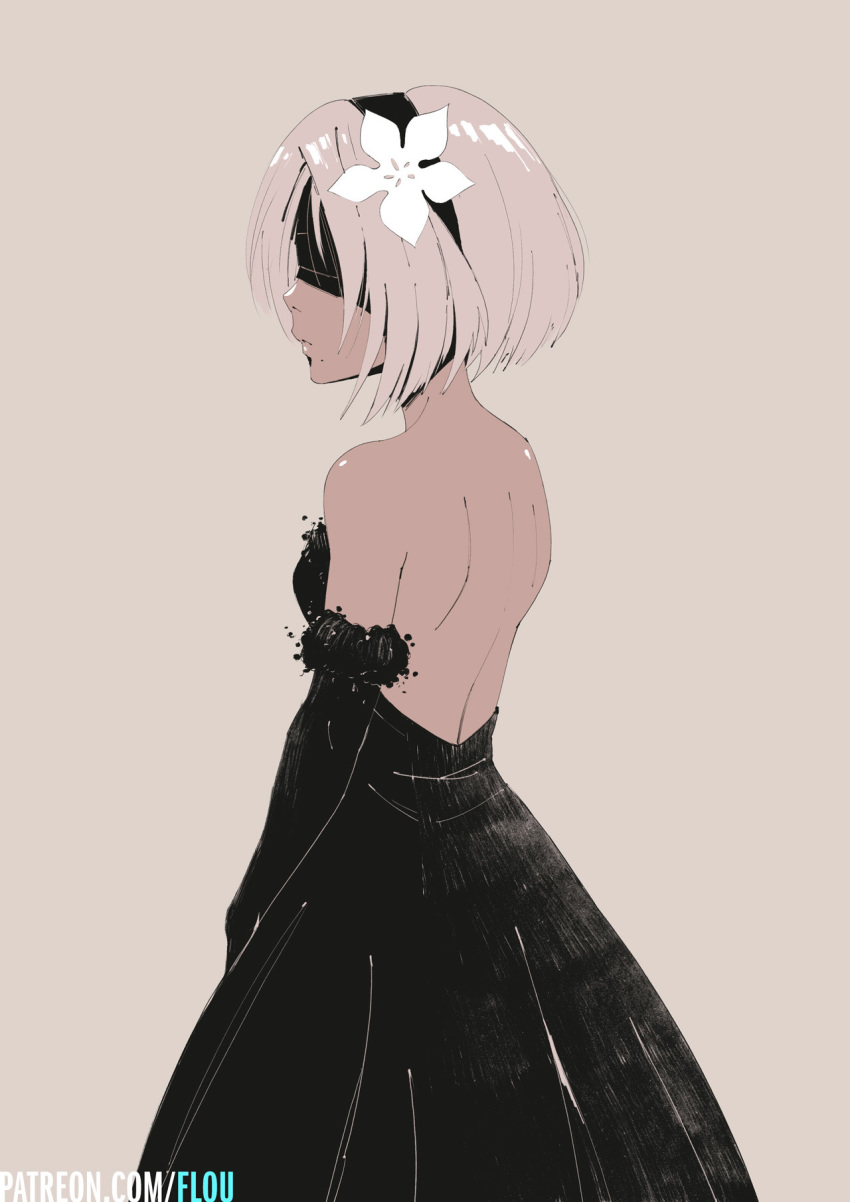 back bare_shoulders black_dress black_hairband blindfold breasts covered_eyes dress elbow_gloves flou flower from_behind gloves hair_flower hair_ornament hairband highres medium_breasts mole mole_under_mouth nier_(series) nier_automata patreon_username short_hair silver_hair solo strapless strapless_dress yorha_no._2_type_b