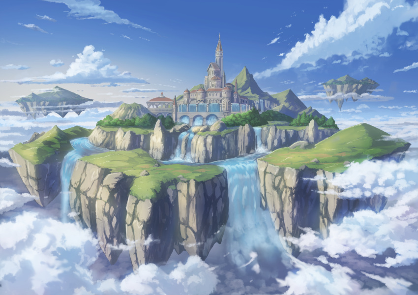 blue_sky bridge castle cloud cloudy_sky commentary_request day dome fantasy floating_island forest gradient_sky hasumi_yuuki highres landscape mountain nature no_humans original outdoors river rock scenery sky tower tree water waterfall