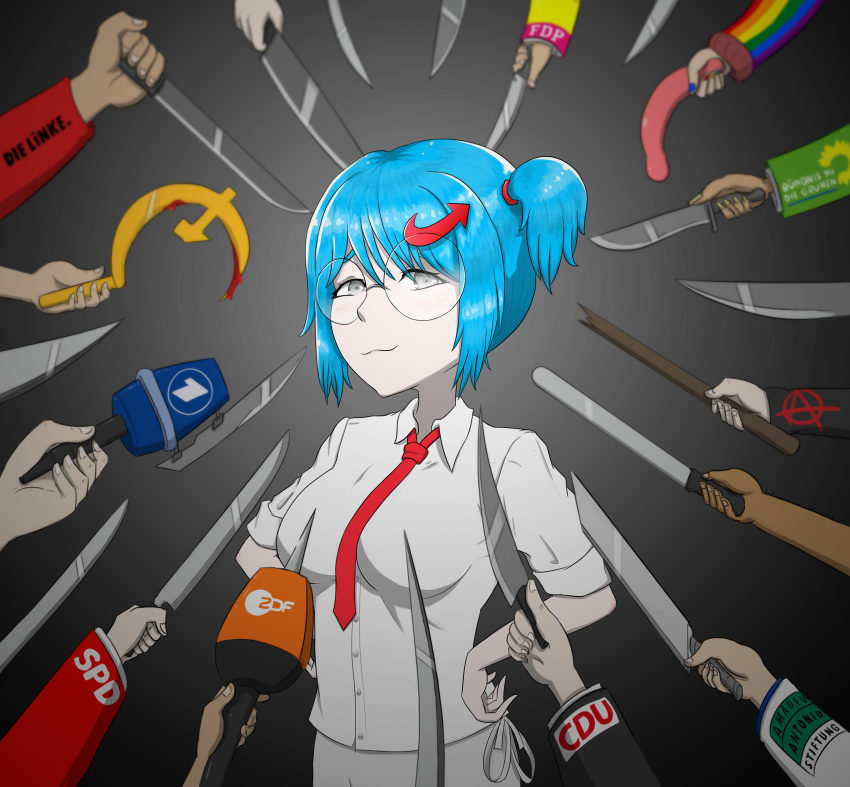 afd-chan blue_hair breasts dildo female fingernails hammer_and_sickle knife microphone necktie red_necktie short_hair