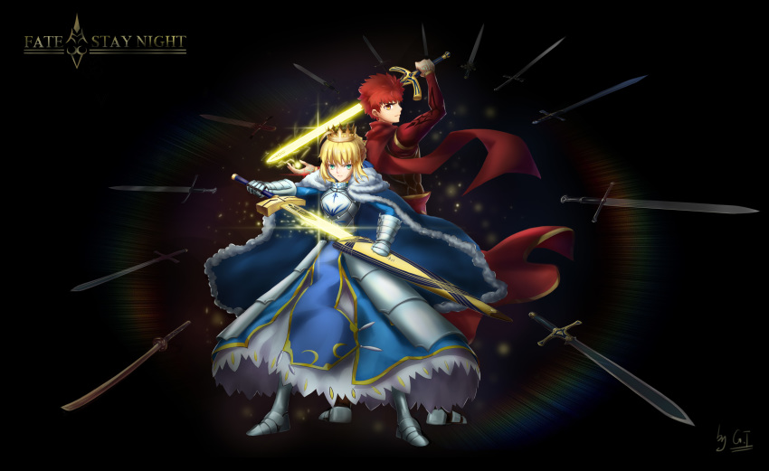 1girl absurdres armor armored_boots armored_dress artoria_pendragon_(all) avalon_(fate/stay_night) back-to-back blonde_hair blue_cape blue_dress boots brown_eyes caliburn cape copyright_name crown dress emiya_shirou excalibur fate/stay_night fate_(series) full_body fur_trim gauntlets gt_shoukyou highres holding holding_sword holding_weapon looking_at_viewer red_hair saber short_hair signature spiked_hair sword tied_hair weapon