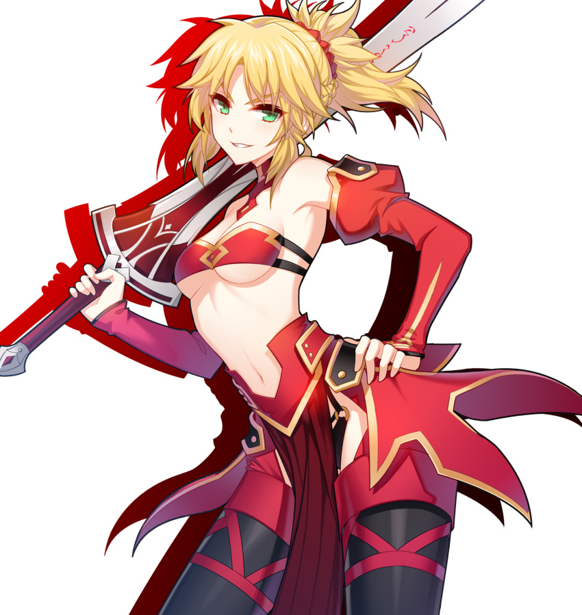 black_legwear blonde_hair bra breasts cleavage contrapposto cowboy_shot detached_sleeves fate/apocrypha fate_(series) green_eyes hair_ornament hair_scrunchie hand_on_hip highres holding holding_sword holding_weapon leaning_to_the_side long_hair long_sleeves looking_at_viewer medium_breasts midriff mordred_(fate) mordred_(fate)_(all) navel ponytail red_bra red_scrunchie red_sleeves scrunchie shadow shiny shiny_hair simple_background solo standing stomach strapless strapless_bra sukusu909 sword underboob underwear weapon white_background