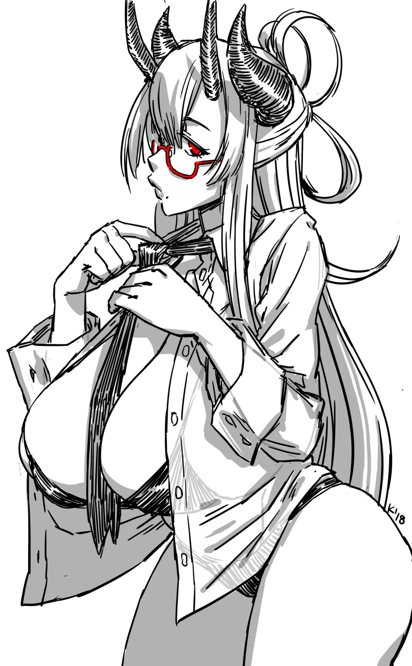 absurdres between_breasts borrowed_character bra breasts cleavage commentary greyscale highres horns huge_breasts long_hair mariel_cartwright monochrome necktie necktie_between_breasts open_clothes open_shirt original panties red-framed_eyewear red_eyes semi-rimless_eyewear shirt solo spot_color tsunoko under-rim_eyewear underwear