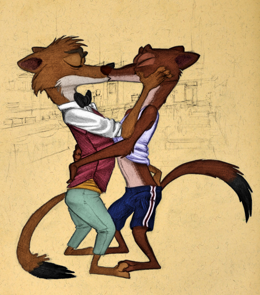 2018 anthro bow_tie clothed clothing disney duke_weaselton duo embrace eyes_closed fur kissing male mammal mustelid shirt shorts simple_background tank_top tush weasel zootopia